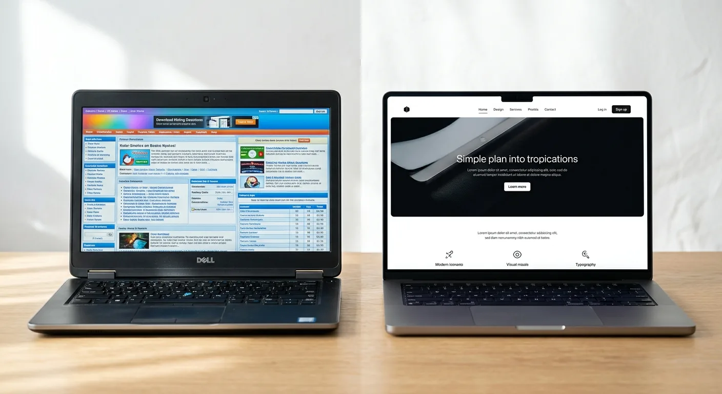 Before and after website modernization showing old cluttered site vs modern clean redesign on laptops